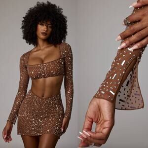 Oh Polly | Guilia Top Thalassa Skirt Embellished Crystal Matching Set Mocha 2